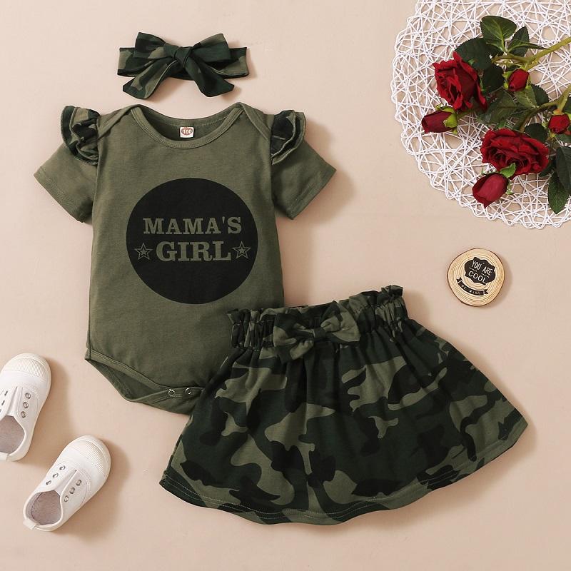 Baby Girl Ruffle Romper & Camouflage Print Skirt & Bowknot Headband - PrettyKid