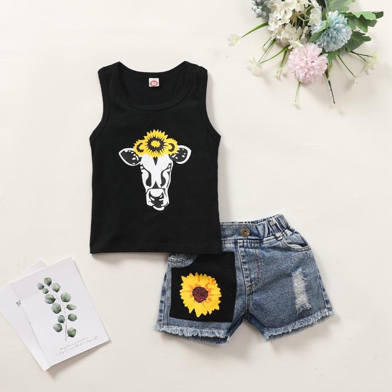 Toddler Girl Tank Top & Sunflower Pattern Denim Shorts Children's Clothing - PrettyKid