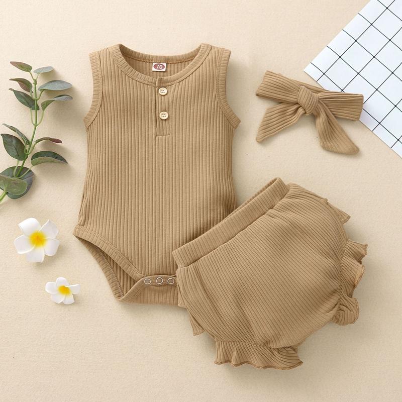 Baby Girl 3pcs Solid Pattern Suit Bodysuit & Short & Headhand - PrettyKid