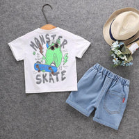 Toddler Boy Cartoon Letter Pattern Top & Denim Shorts - PrettyKid