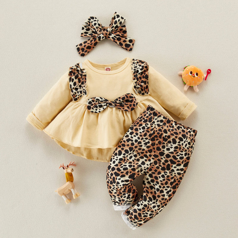Baby Girl Sweet Leopard Ruffle Bow Long Sleeve Dress Three-piece - PrettyKid