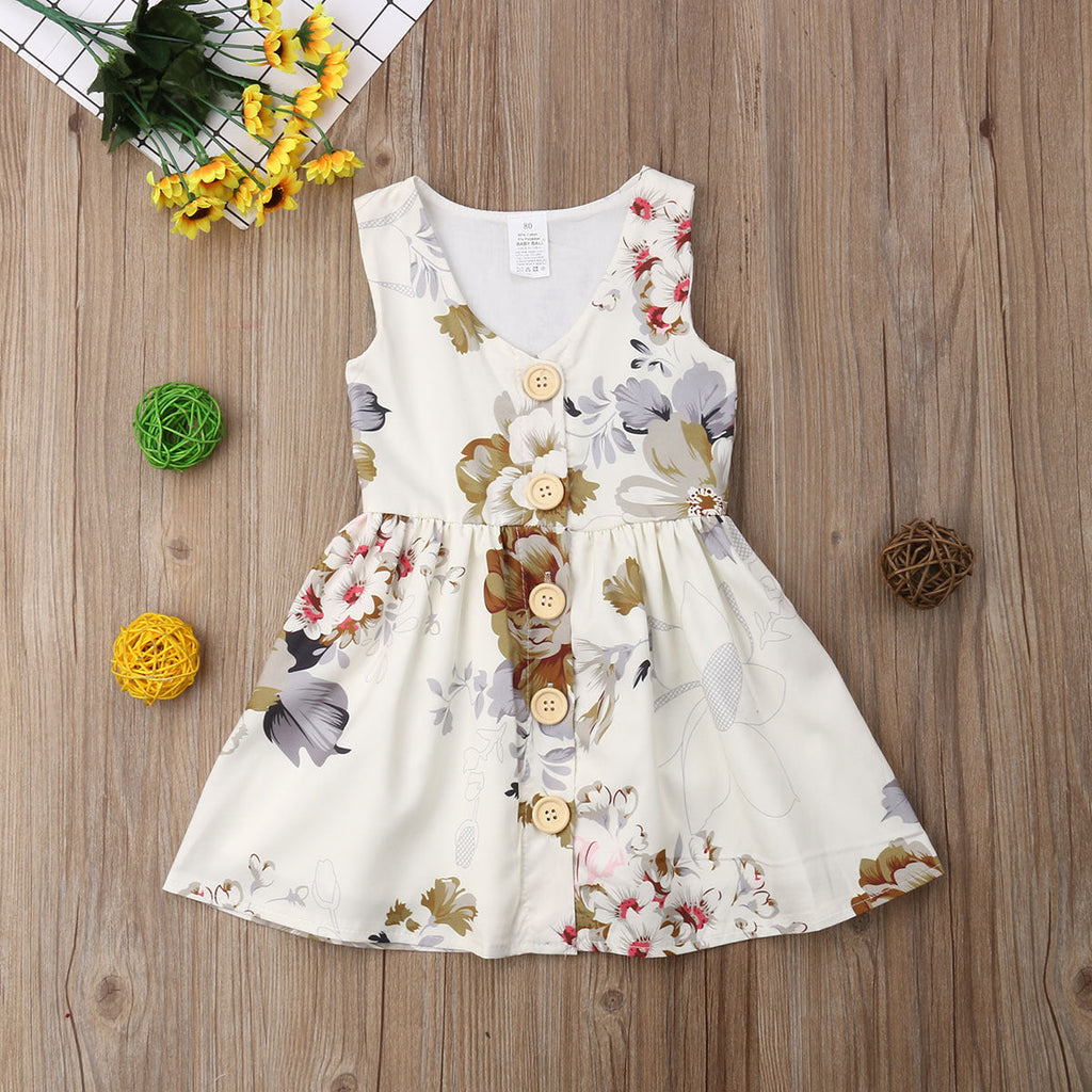9M-5Y Toddler Girls Dresses Floral V-Nesk Button Up Sleeveless Wholesale Little Girl Clothing - PrettyKid