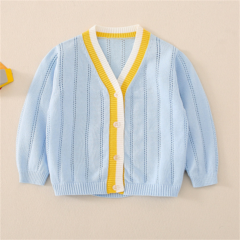 Wholesale Toddler Girl V-neck Thin Stripes Color-block Sweater Cardigan in Bulk - PrettyKid