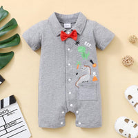 Baby Boy Cartoon Dinosaur Pattern Bow Decor Jumpsuit - PrettyKid