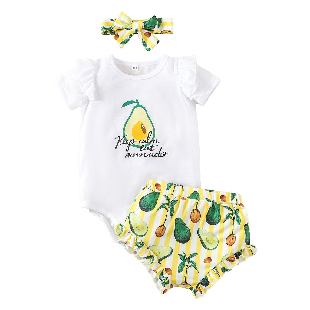 6-24M Baby Girls Sets Letter Avocado Print Bodysuit & Shorts & Headband Baby Clothes In Bulk - PrettyKid