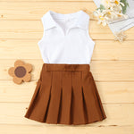 18M-6Y Toddler Girls Sets Ribbed Sleeveless Lapel Open Chest Top & Pleated Skirt Wholesale Girls Fashion Clothes