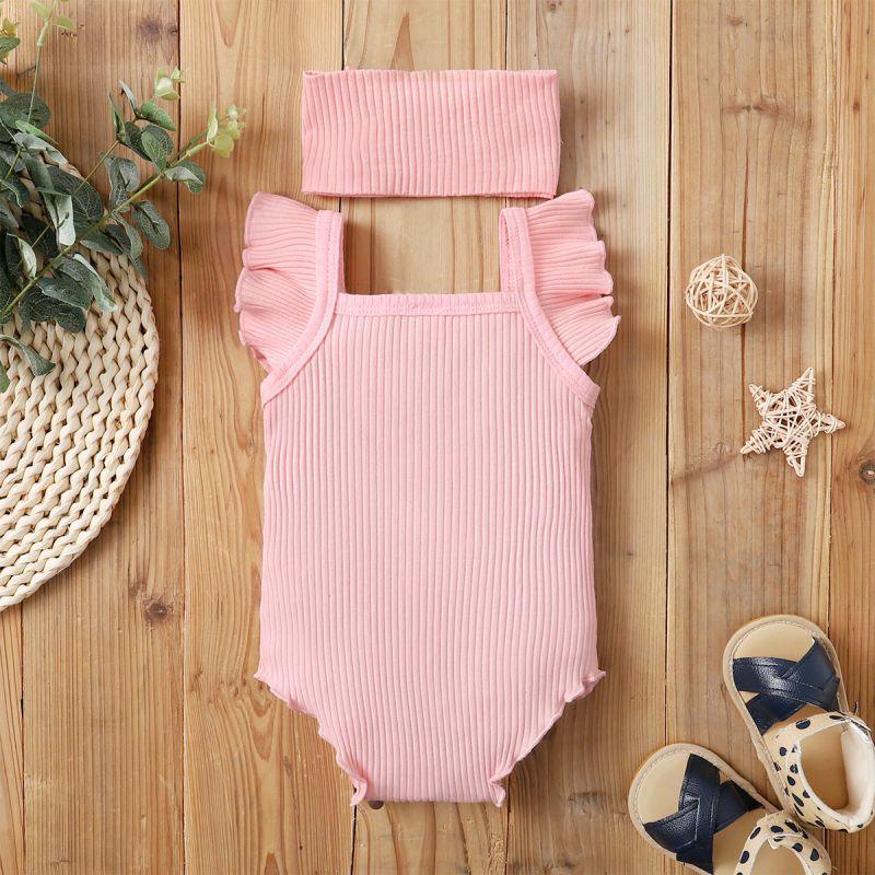 New Born Girl Ribbed Ruffle Sleeve Bodysuit & Bowknot Headband - PrettyKid