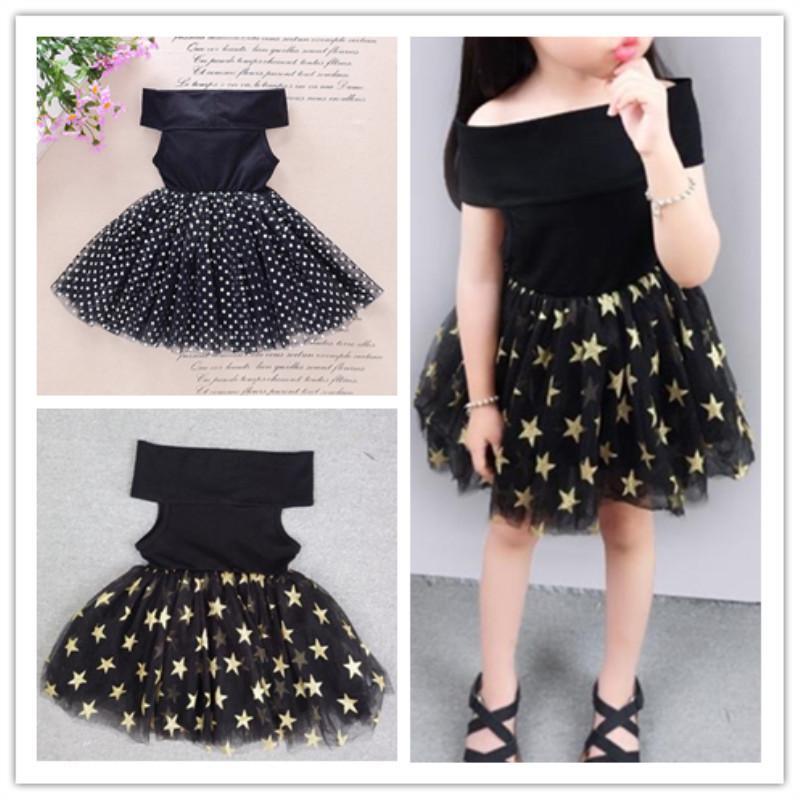 Trendy Stars Print One Shoulder Mesh Dress Children's Clothing - PrettyKid