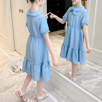 Kid Girl Solid Color Lapel Ruffle Hem Dress - PrettyKid