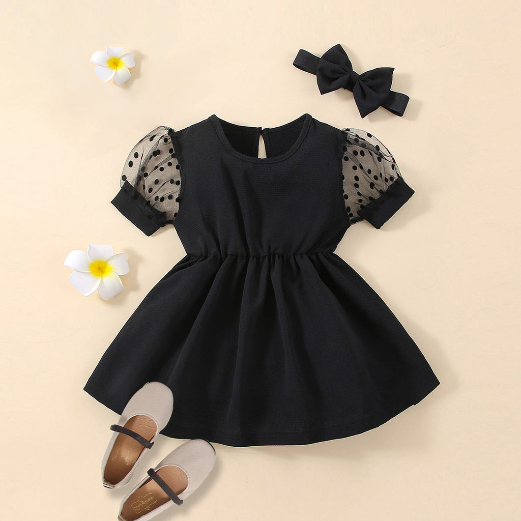 3-24M Black Puff Sleeve Dresses & Headband Wholesale Baby Girl Boutique Clothing - PrettyKid