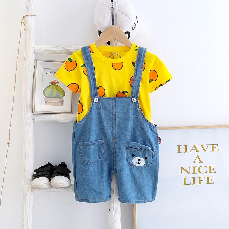 2pcs Fashion Bear Cartoon Print T-shirt and Jumpsuits - PrettyKid