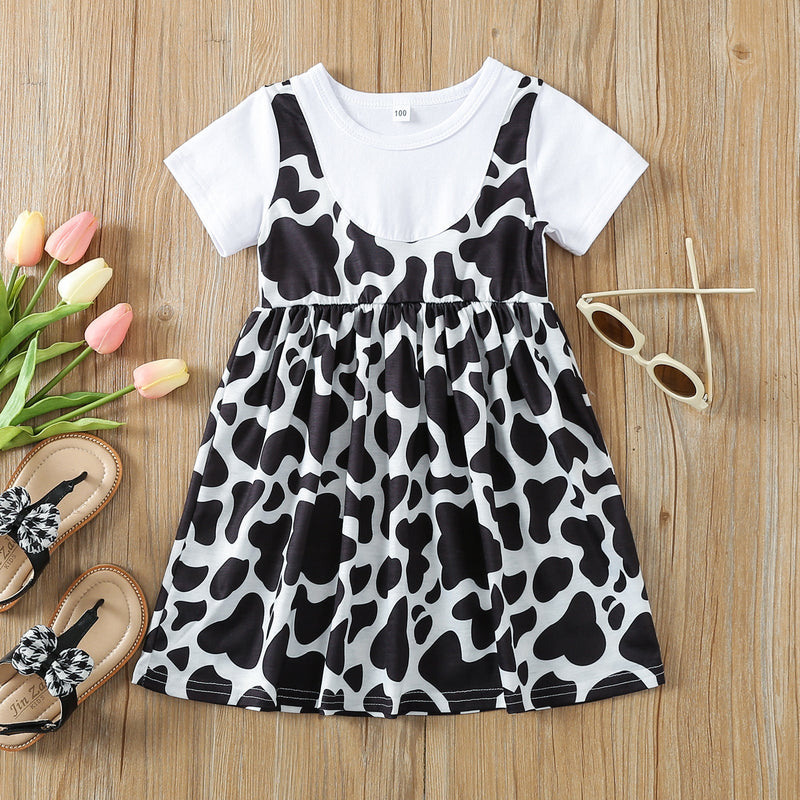 9M-4Y Toddler Girls Fake Two Piece Cow Print Short Sleeve Suspender Dresses Wholesale Little Girl Clothing - PrettyKid