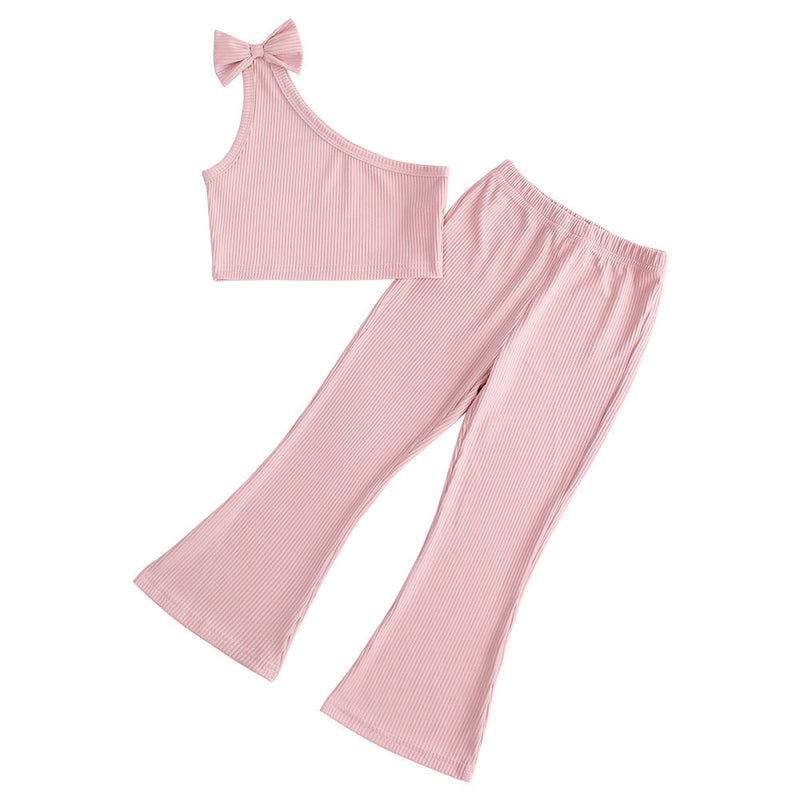 18M-6Y Toddler Girls Sets Solid Color Ribbed One Shoulder Tops & Flared Pants Wholesale Little Girl Clothing