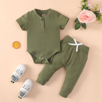 Baby Boy Short-Sleeve Solid Ribbed Bodysuit And Trousers Baby Outfit Sets - PrettyKid