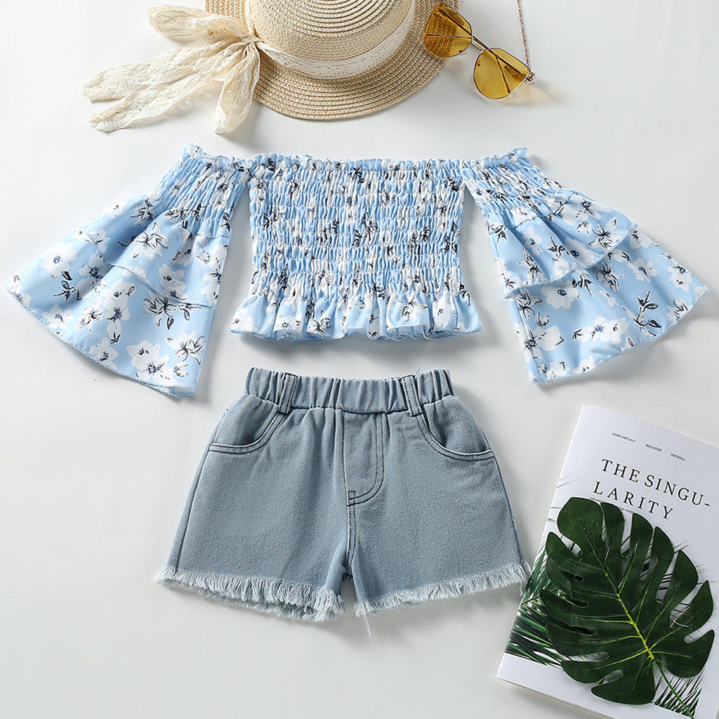 2-7years Girls Shorts Set Floral One Shoulder Flared Sleeve Top Denim Shorts Wholesale Toddler Clothing - PrettyKid