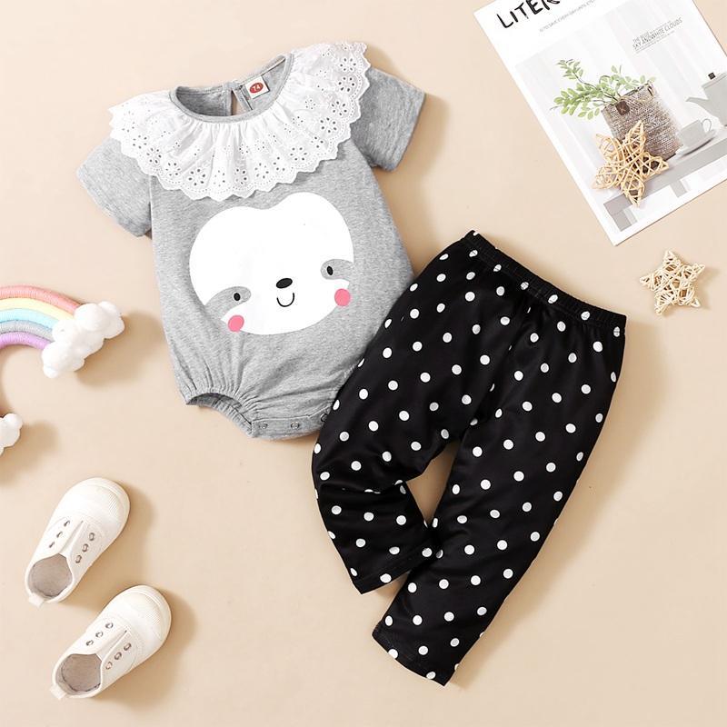 Baby Girl Lace Collar Romper & Polka Dot Pants - PrettyKid