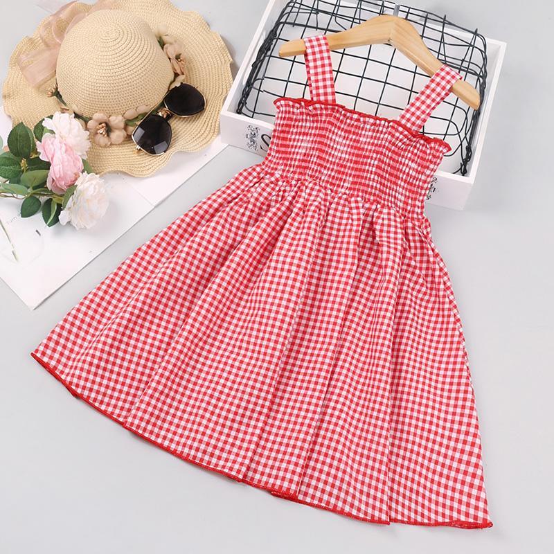 Toddler Girl Summer Sweet Red Plaid Suspender Thin Dress - PrettyKid