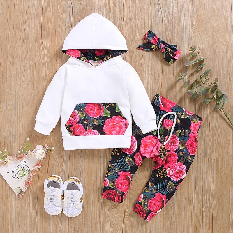 3-piece Floral Printed Hoodie & Pants & Headband for Baby Girl - PrettyKid