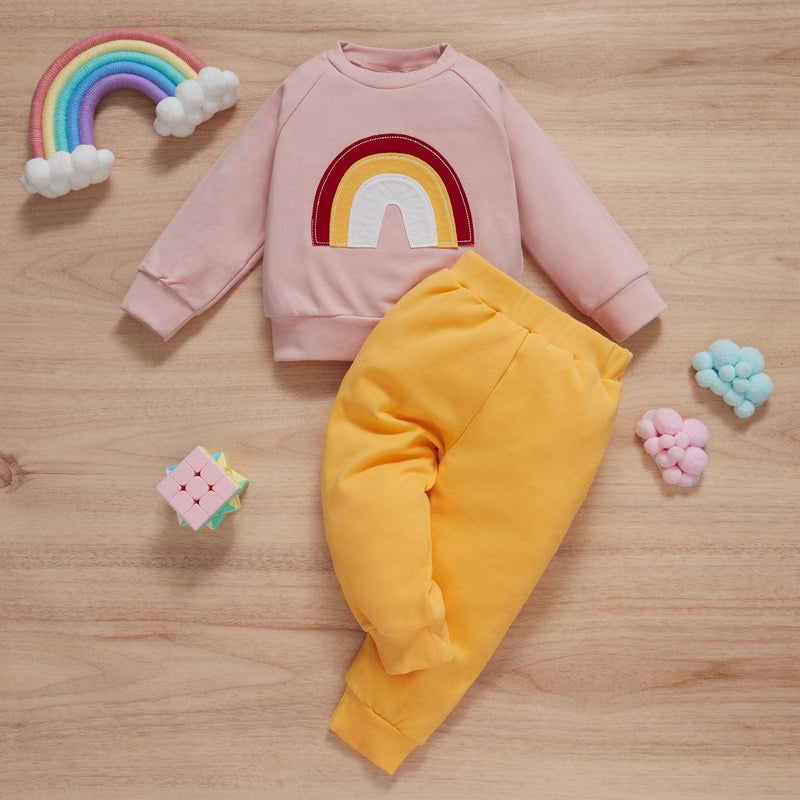 Toddler Kids Girls Solid Color Long Sleeve Rainbow Sweater Set - PrettyKid