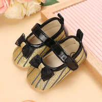 Baby Girl Bowknot Decor Striped Velcro Strap Shoes - PrettyKid