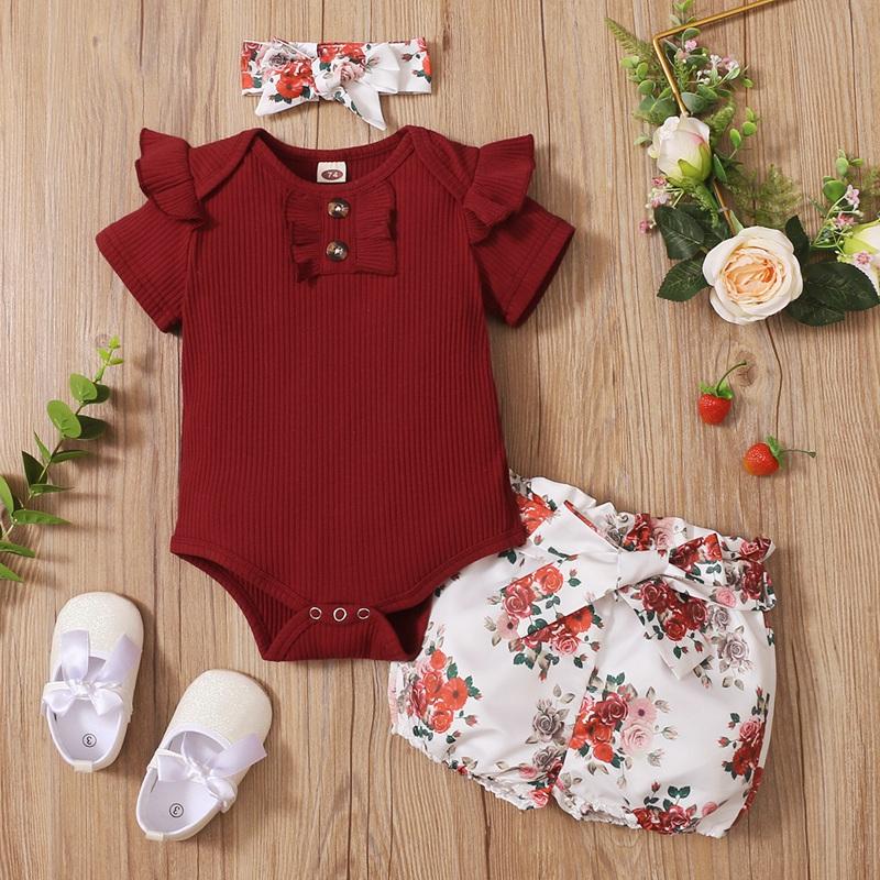 Baby Girl Ruffle Romper & Floral Shorts & Floral Headband - PrettyKid
