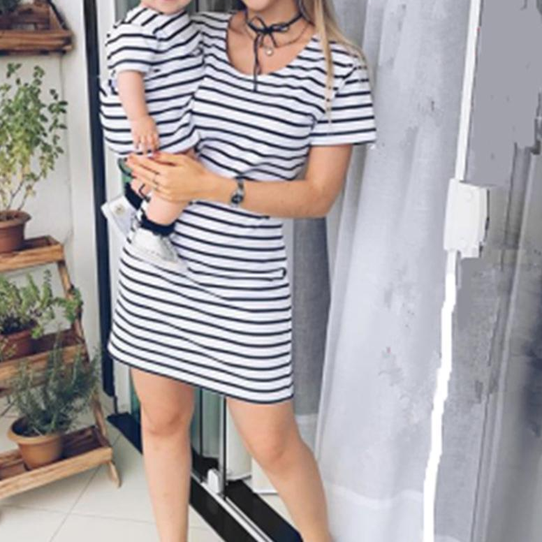 Parent-Child Striped Short Sleeve Casual Dresses mommy and me dropship kids clothing - PrettyKid