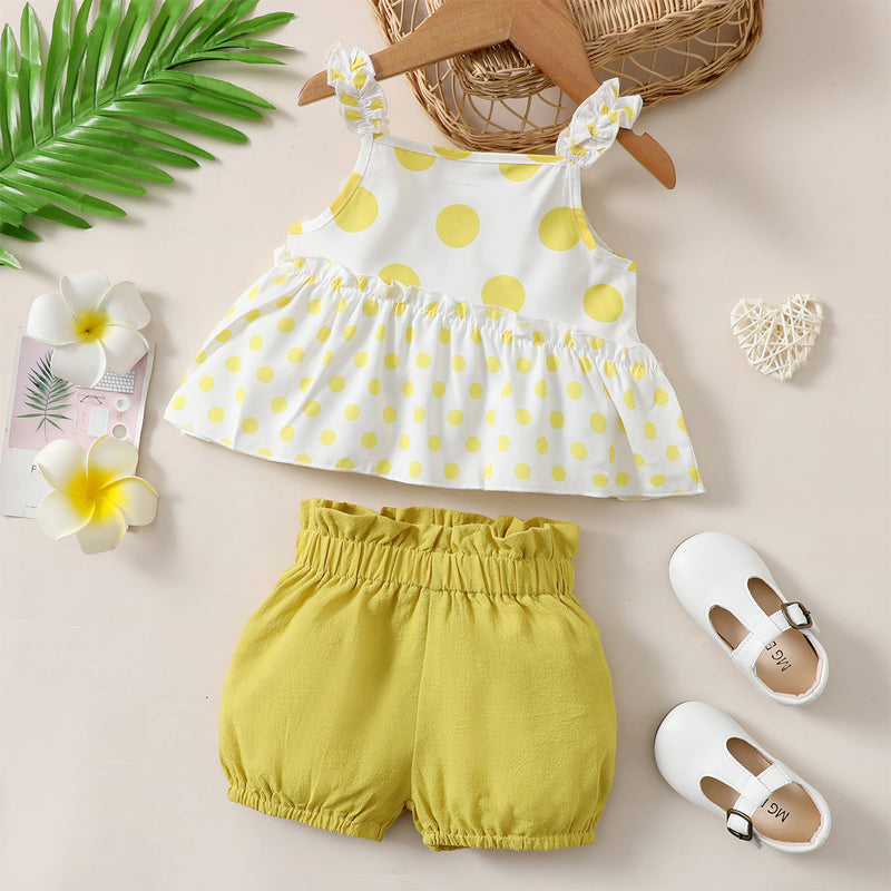 12M-4Y Polka Dot Sling Crinkle Unpatterned Shorts Set Toddler Girl Wholesale Clothing - PrettyKid