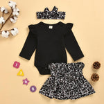 Solid Bodysuit and Leopard Dress with Headband Set Wholesale children's clothing - PrettyKid