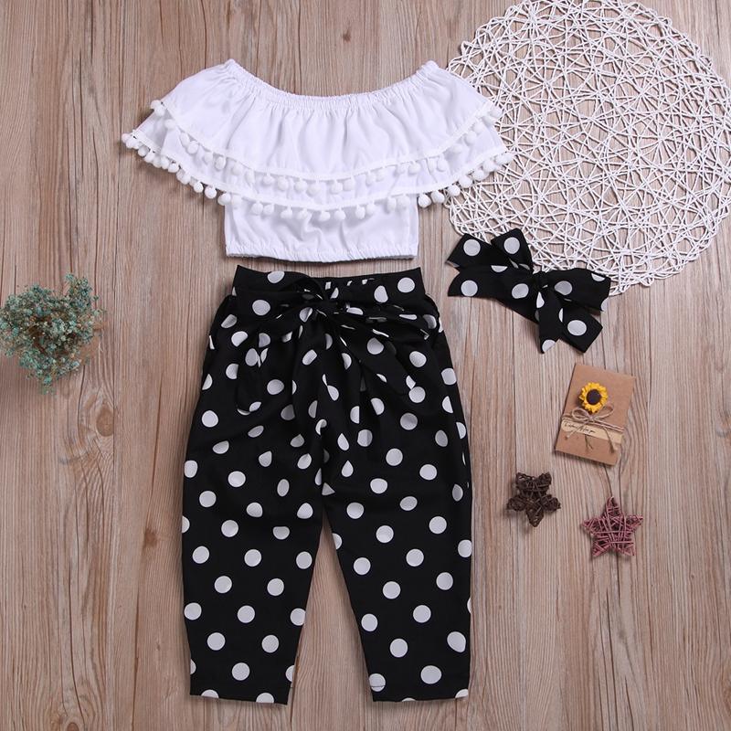 3-piece Solid Tassl Tops & Polka Dot Pants & Headband for Toddler Girl - PrettyKid