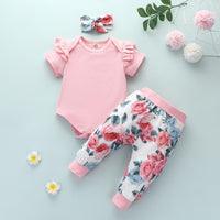 3-piece Ruffle Romper & Floral Pants & Headband for Baby Girl - PrettyKid