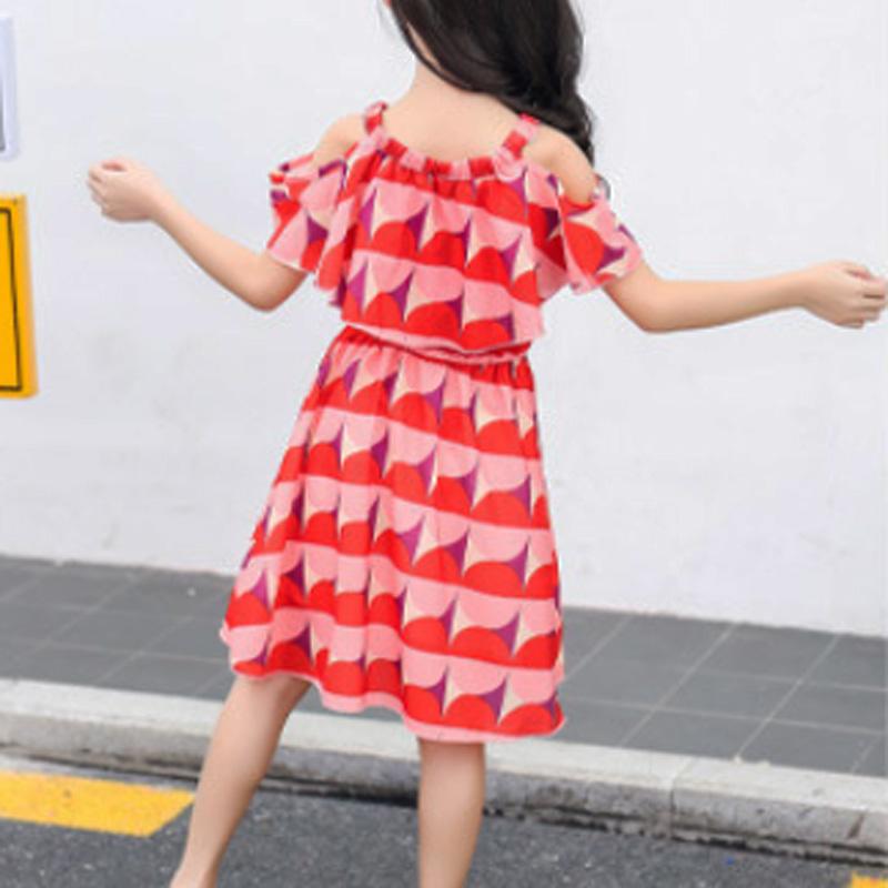Girl Blue Leaf Print One-shoulder Chiffon Dress Children's Clothing - PrettyKid