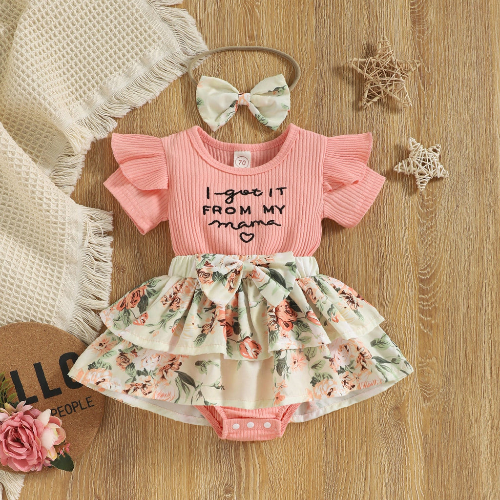 3-18M Baby Girl Jumpsuit Letter Pit Strip Short Sleeve Floral Print Headband Wholesale Baby Clothes - PrettyKid
