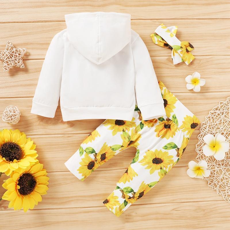 3-piece Sunflower Pattern Hoodie & Pants & Headband for Baby Girl - PrettyKid