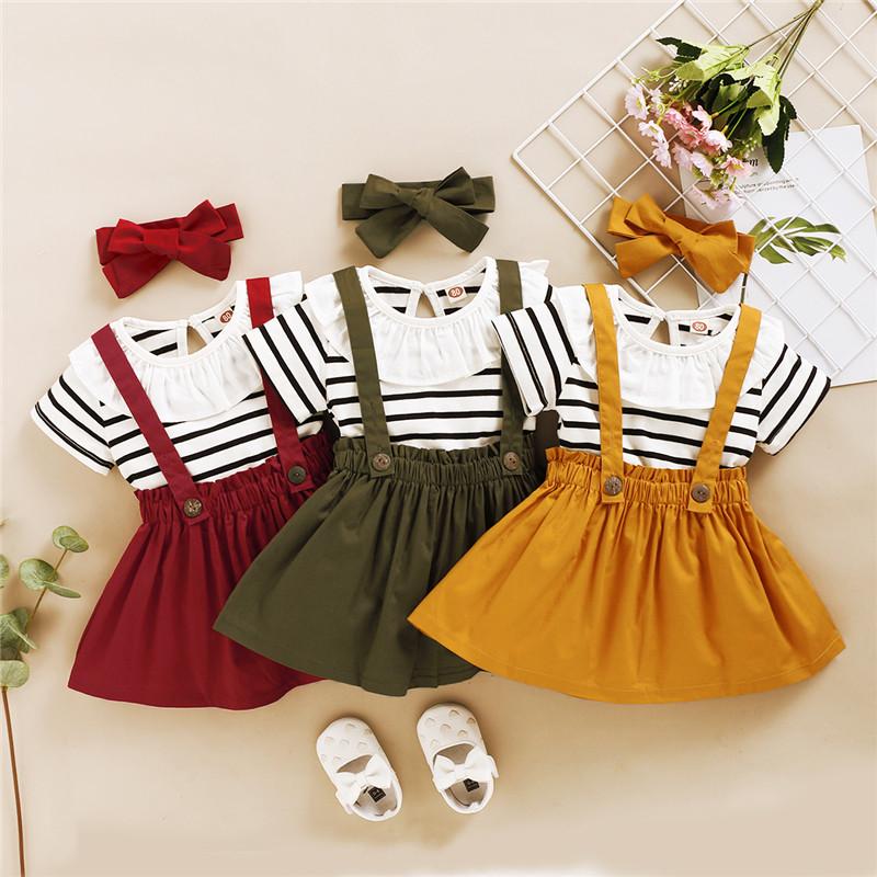 3-piece Striped T-shirt & Solid Dungarees & Headband for Toddler Girl Wholesale children's clothing - PrettyKid