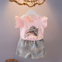 2pcs Sweet Plaid Little Girl Print T-shirt and Pants - PrettyKid