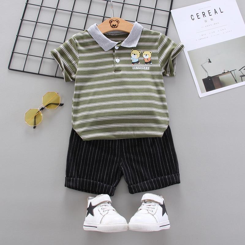 Grow Boy Bear Pattern Striped Polo Shirt & Striped Shorts - PrettyKid