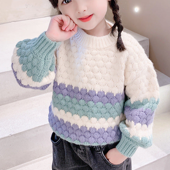 Colorblock Lantern Sleeve Toddler Girl Knit Winter Sweater - PrettyKid