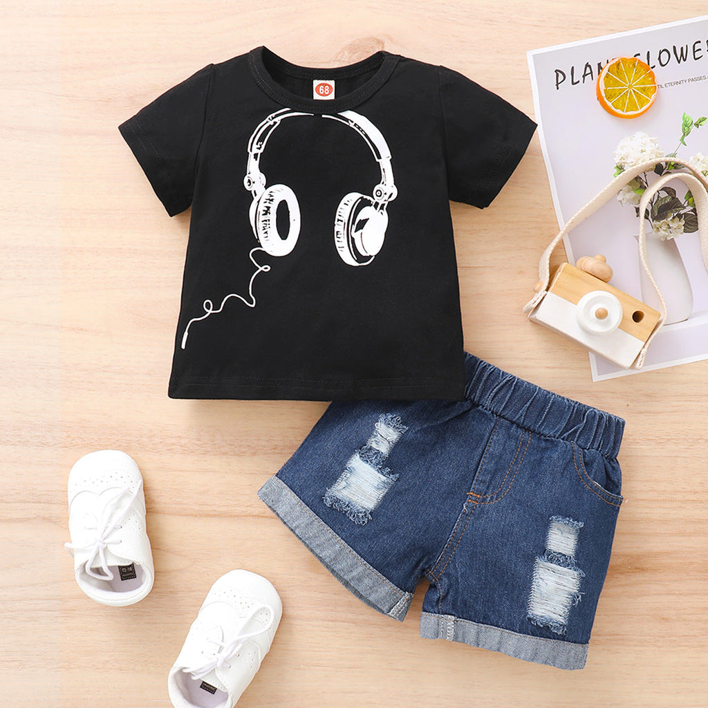 Baby Girl Headphone Print Tank Top And Ripped Denim Shorts Baby Girl Outfit Sets - PrettyKid