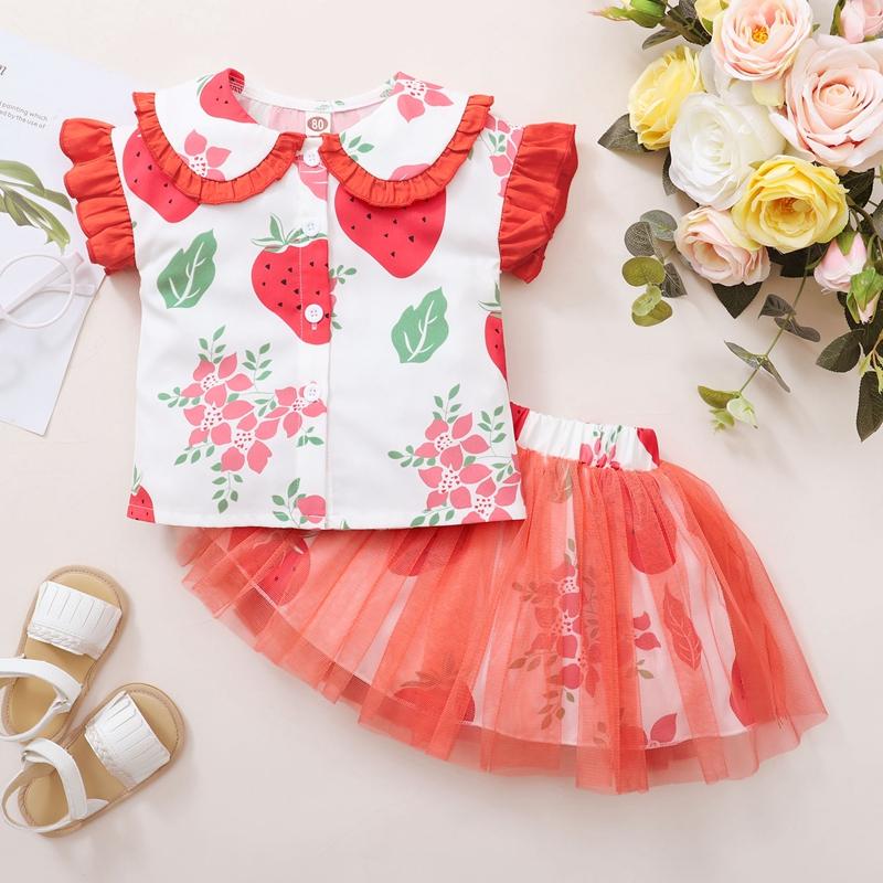 Toddler Girl Ruffle Sleeve Printed Top & Mesh Skirt - PrettyKid