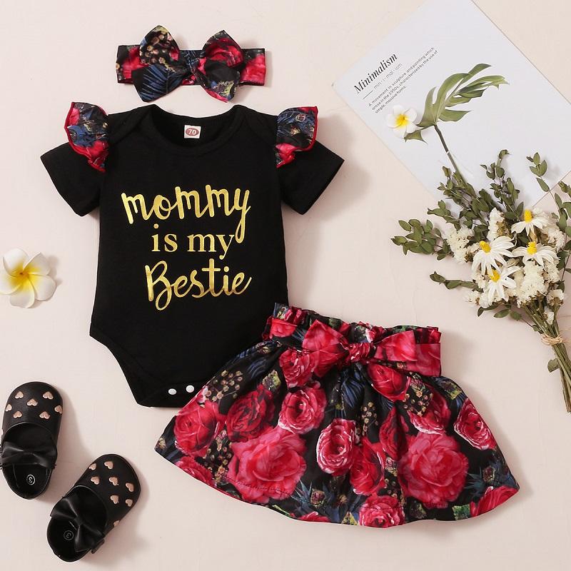 Baby Girl Ruffle Romper & Leopard Print Skirt & Bowknot Headband - PrettyKid