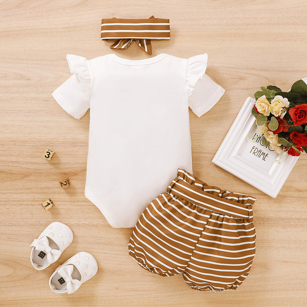 0-18M Girls Baby Onesie Sets Short Sleeve Printed Striped Belt Wholesale Baby Clothes - PrettyKid