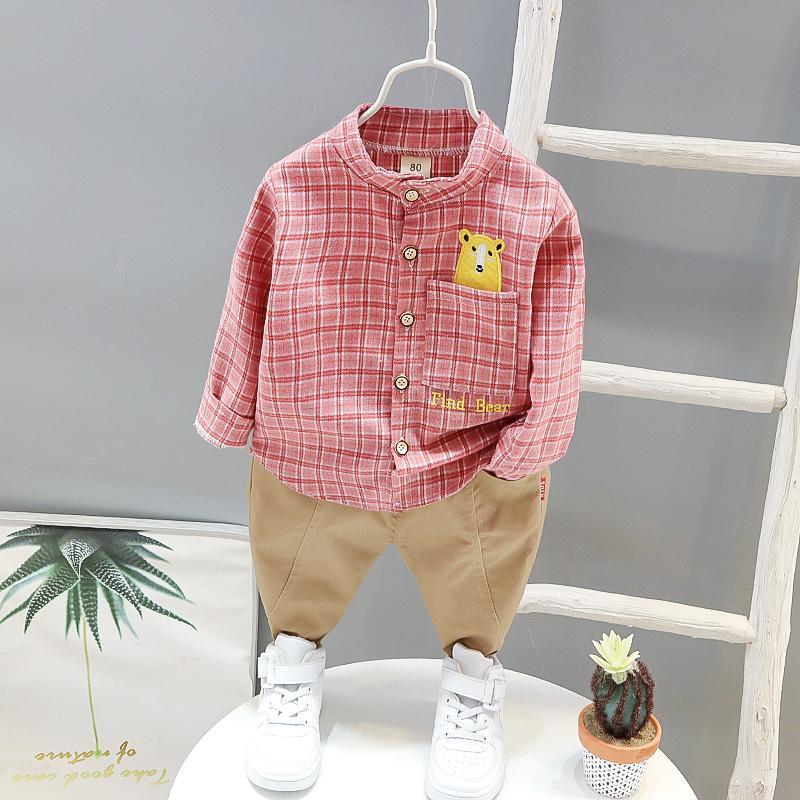 2-piece Bear Pattern Plaid Shirt & Pants for Children Boy - PrettyKid