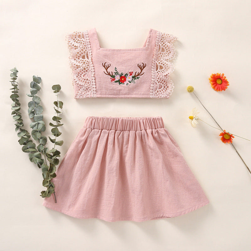 6months-3years Baby Sets 2022 New Girl's Clothing Baby Girl Summer Solid Color Lace Embroidery Top & Skirt 2-Piece Set - PrettyKid