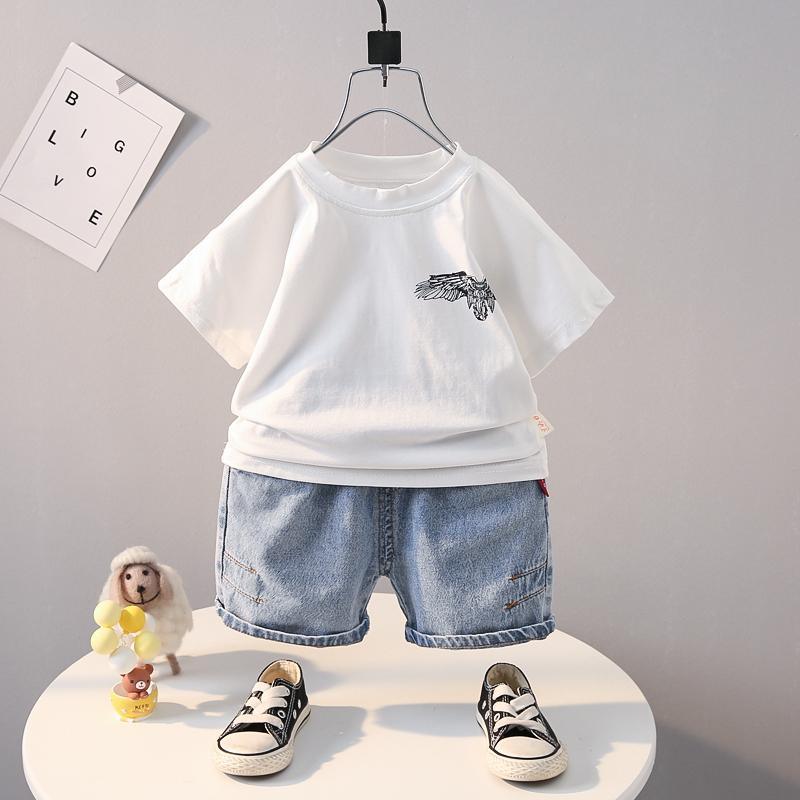 Grow Boy Cotton Animal Wing Patten Print Top & Denim Shorts - PrettyKid