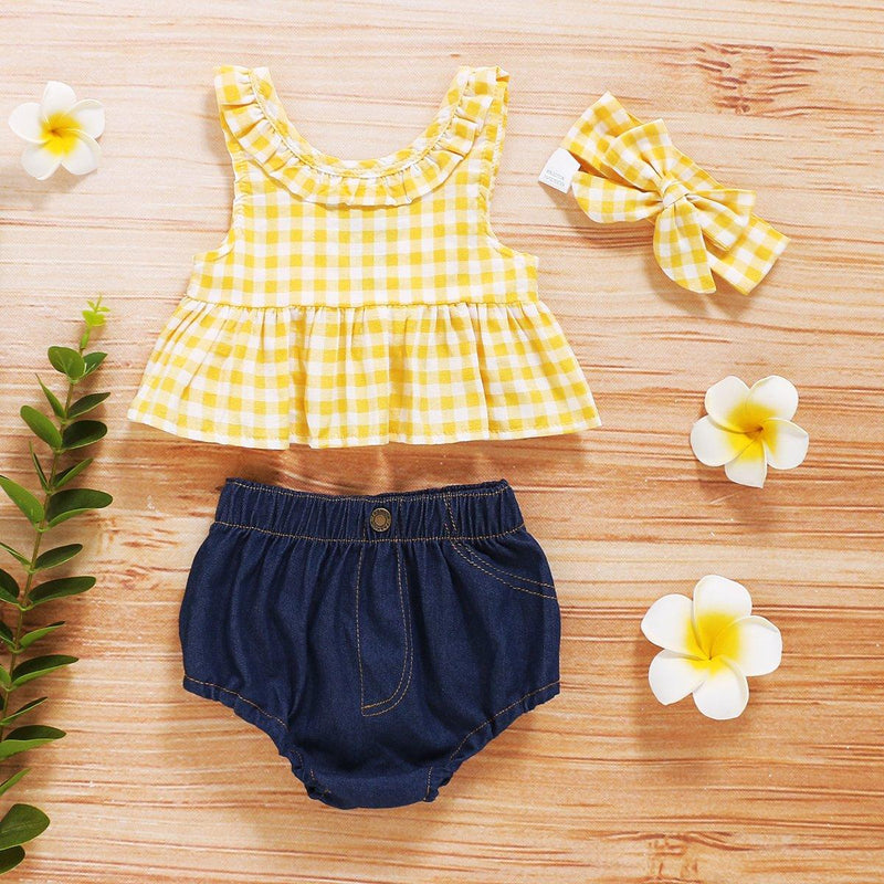 3-piece Plaid Tops & Short & Headband for Baby Girl Children's Clothing - PrettyKid