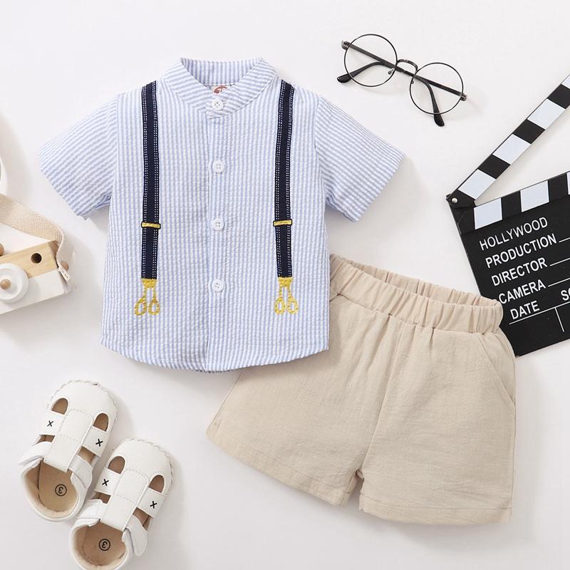 Baby Boy Strap Printing Striped Shirt & Shorts - PrettyKid