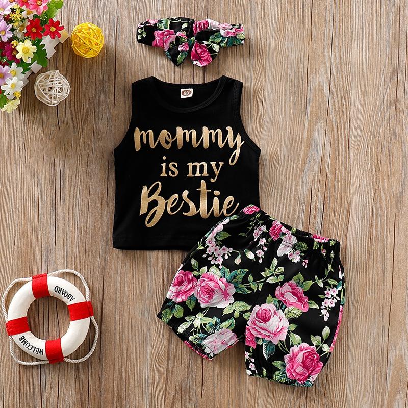 3-piece Letter Tank Top, Floral Shorts with Headband - PrettyKid