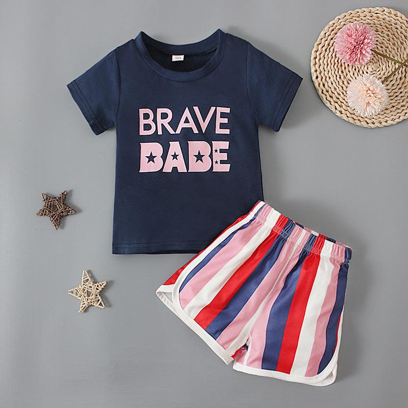 18M-6Y Toddler Girls Sets BRAVE BABE Striped Print T-Shirts & Shorts Wholesale Girls Clothes