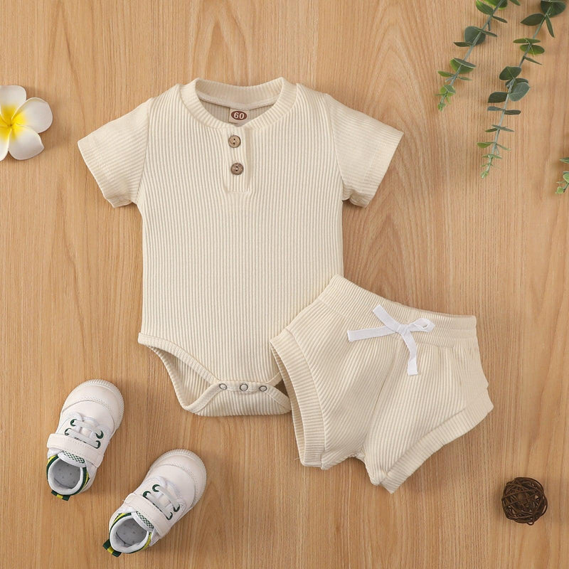 Baby Boy Solid Ribbed Bodysuit And Briefs Baby Outfit Sets - PrettyKid