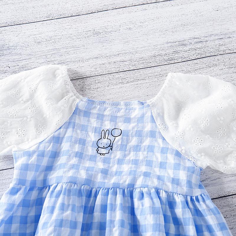 Toddler Girl Rabbit Pattern Hollow Print Sleeve Plaid Dress - PrettyKid